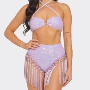 NEW Purple Sequin Fringe Festival Outfit, Sequined Cosmic Rave Set, EDM Festival